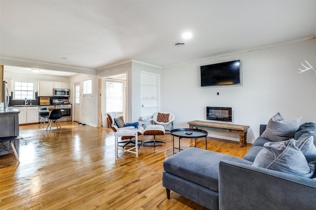 living room with light hardwood / wood-style flooring, ornamental molding, and sink