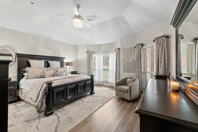 bedroom featuring ceiling fan and light wood-type flooring