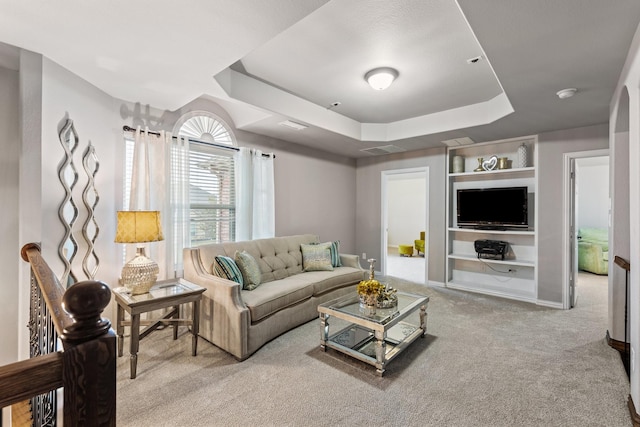 living room featuring a raised ceiling and light carpet