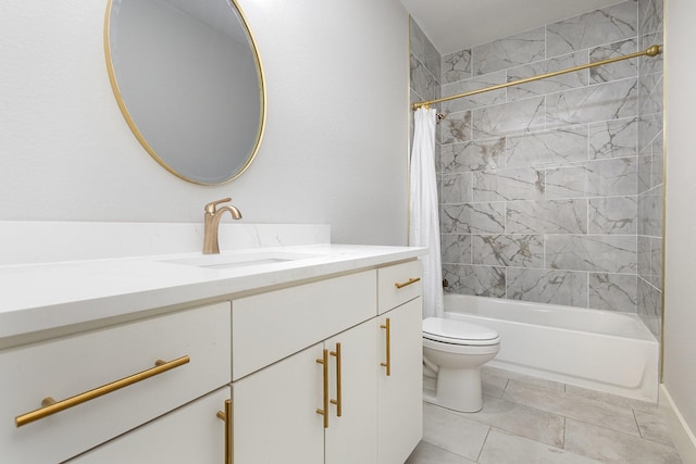 full bathroom with tile patterned floors, shower / bath combo with shower curtain, vanity, and toilet