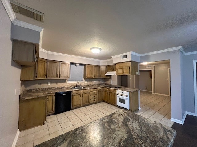 kitchen with sink, light tile patterned floors, black appliances, crown molding, and a textured ceiling