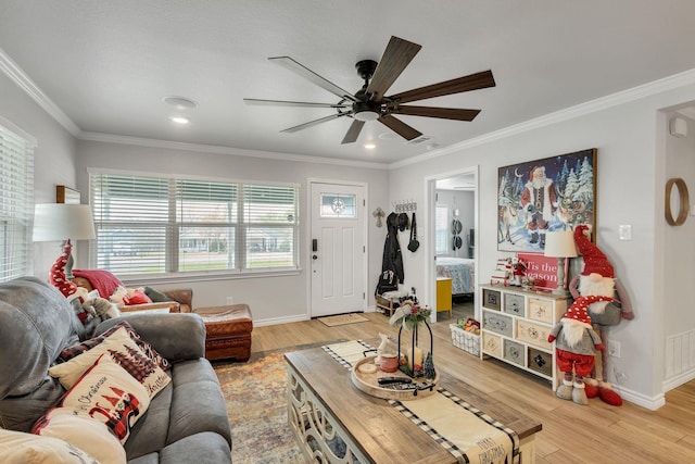 living room with ceiling fan, crown molding, and light hardwood / wood-style flooring