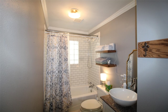 full bathroom with shower / bath combo, vanity, toilet, and ornamental molding