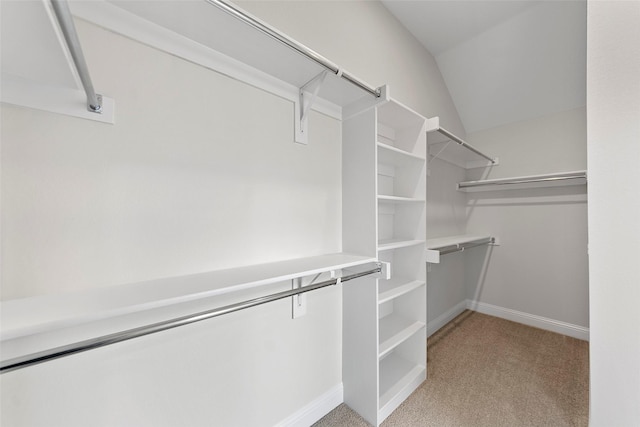 spacious closet featuring light carpet and lofted ceiling