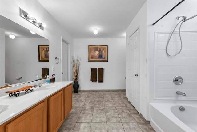 bathroom with shower / tub combination, tile patterned flooring, and vanity