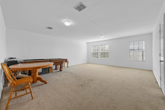 recreation room featuring light colored carpet and pool table