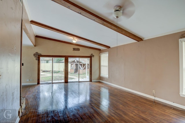 unfurnished room with wood-type flooring, lofted ceiling with beams, ceiling fan, and crown molding