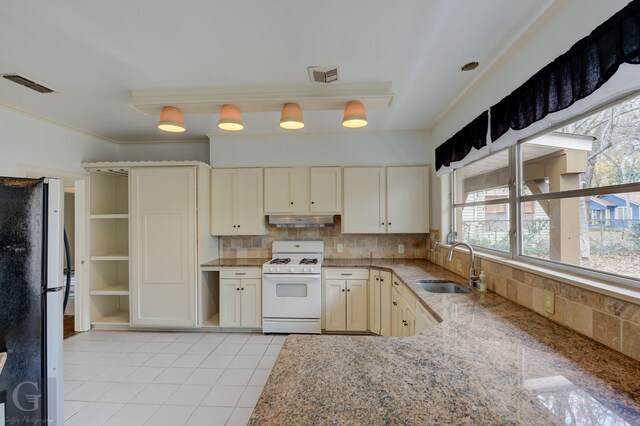 kitchen featuring white range oven, black refrigerator, a healthy amount of sunlight, and sink