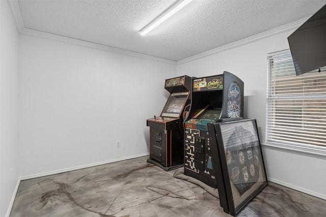 interior space featuring crown molding, concrete floors, and a textured ceiling