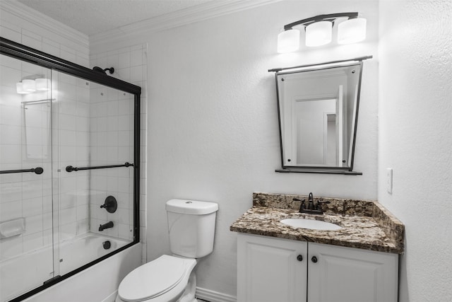 full bathroom featuring bath / shower combo with glass door, a textured ceiling, toilet, vanity, and ornamental molding