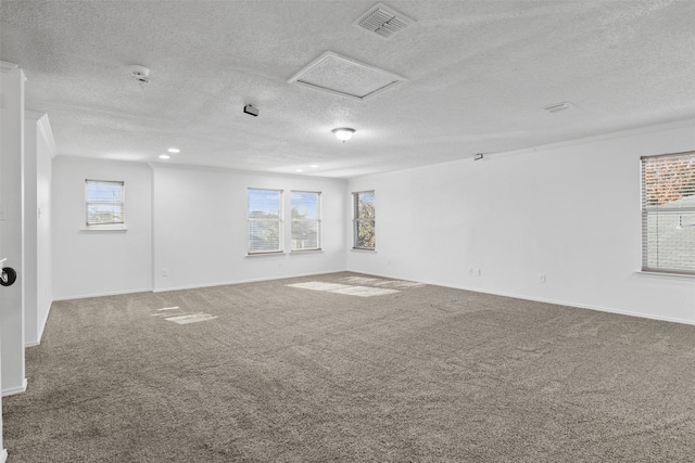 carpeted empty room with a textured ceiling