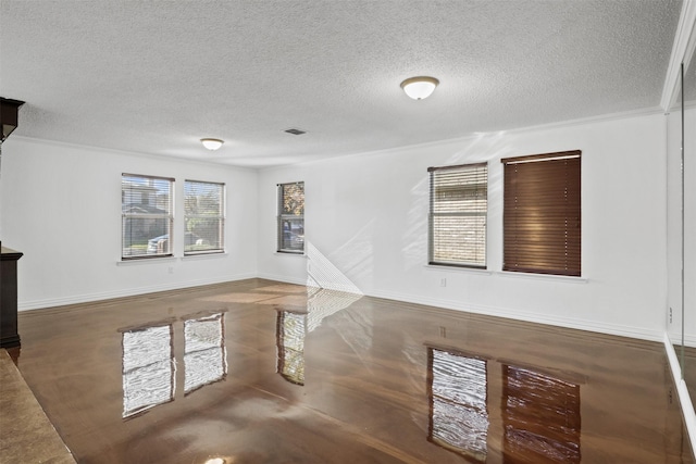 14849 Ledgeview Ct, Balch Springs, TX 75180 - unfurnished living room with a textured ceiling, baseboards, and crown molding
