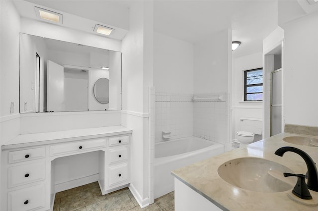 bathroom with vanity, tile patterned floors, and toilet