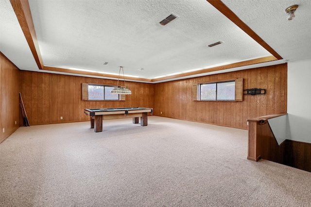 playroom featuring a healthy amount of sunlight, a tray ceiling, and light carpet