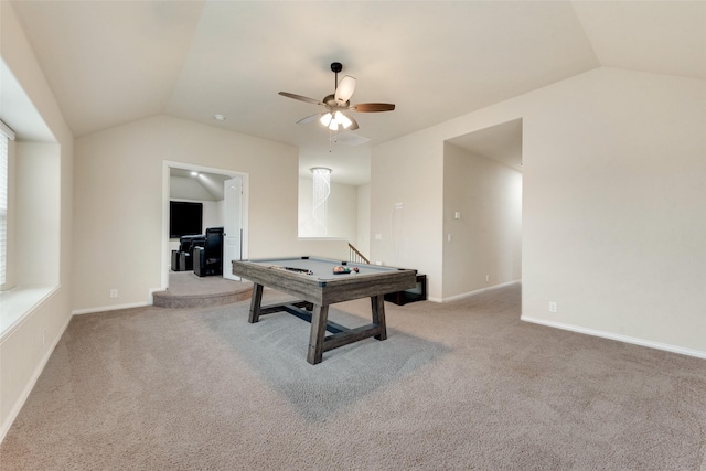 recreation room with carpet, vaulted ceiling, and ceiling fan