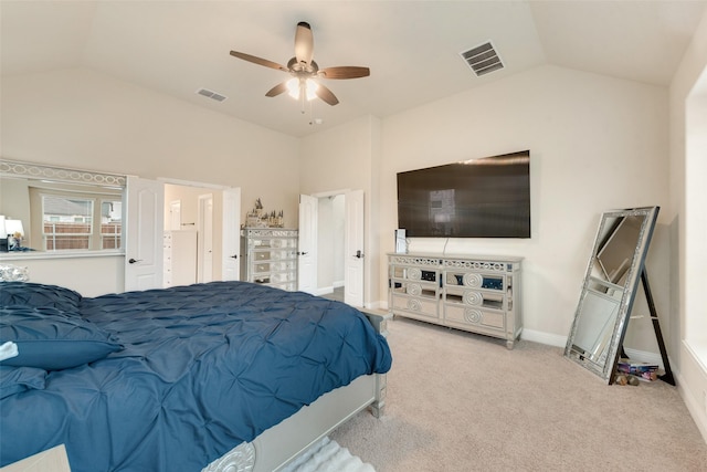 carpeted bedroom featuring lofted ceiling and ceiling fan