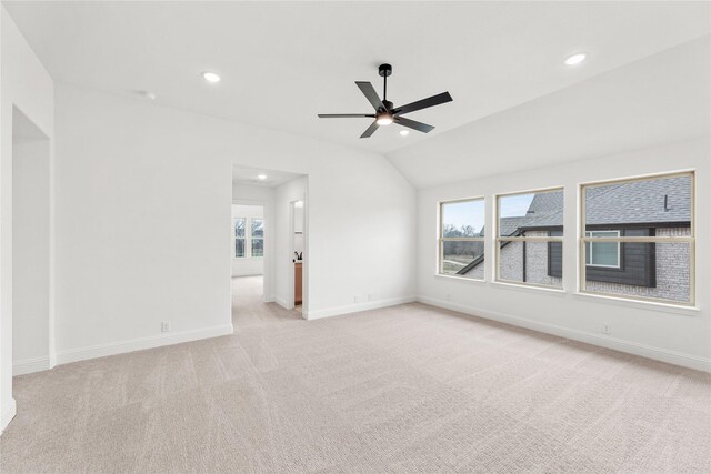 rec room with light carpet, ceiling fan, lofted ceiling, and pool table