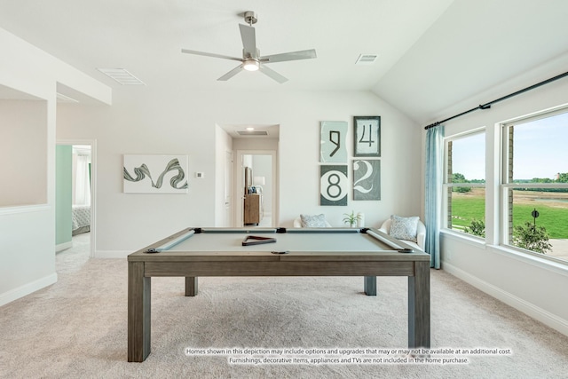 playroom featuring light colored carpet, ceiling fan, lofted ceiling, and pool table