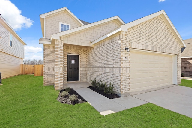 view of front of property featuring a garage, brick siding, fence, concrete driveway, and a front lawn