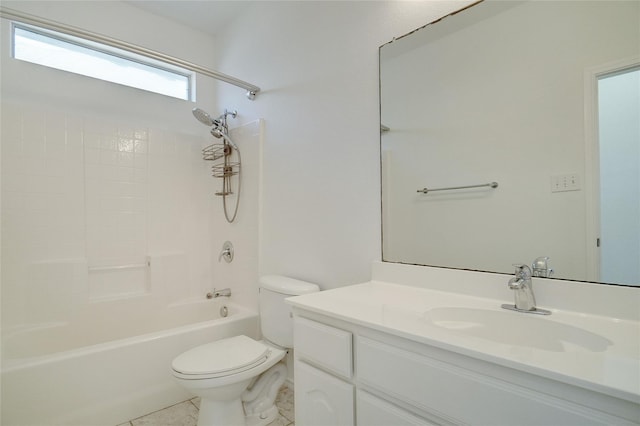 full bathroom featuring washtub / shower combination, tile patterned floors, vanity, and toilet