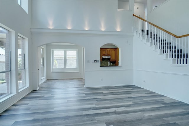 unfurnished living room featuring a towering ceiling and light wood-type flooring