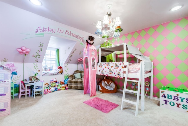 bedroom featuring carpet floors, an inviting chandelier, and lofted ceiling