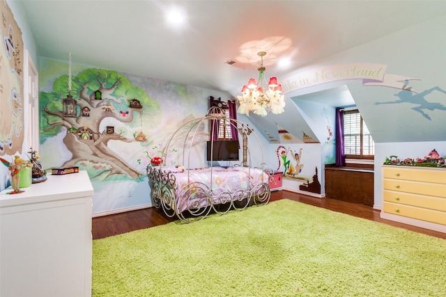 bedroom with a chandelier, dark wood-type flooring, and vaulted ceiling