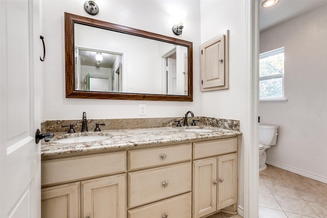 bathroom featuring tile patterned floors, vanity, and toilet