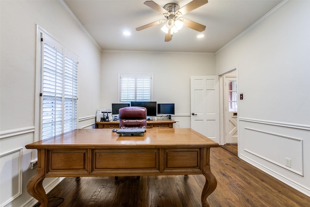 office space featuring ceiling fan, dark hardwood / wood-style flooring, and ornamental molding