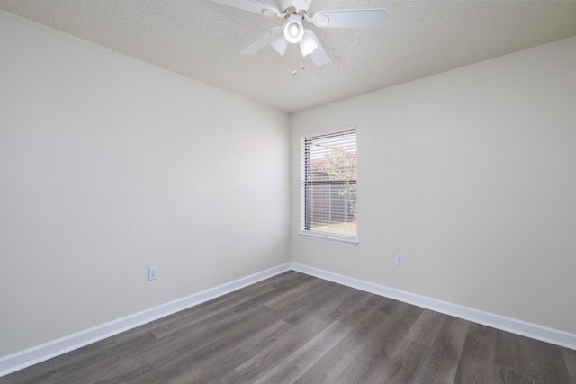 unfurnished room with ceiling fan, dark hardwood / wood-style floors, and a textured ceiling