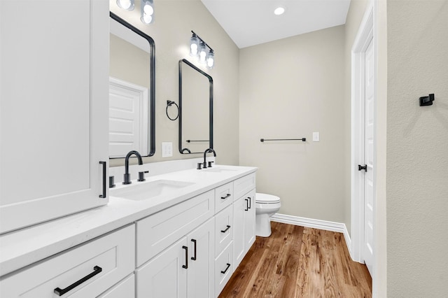 bathroom with vanity, wood-type flooring, and toilet