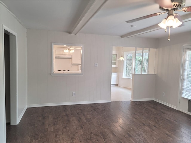 spare room with wood walls, ceiling fan, beam ceiling, and dark wood-type flooring