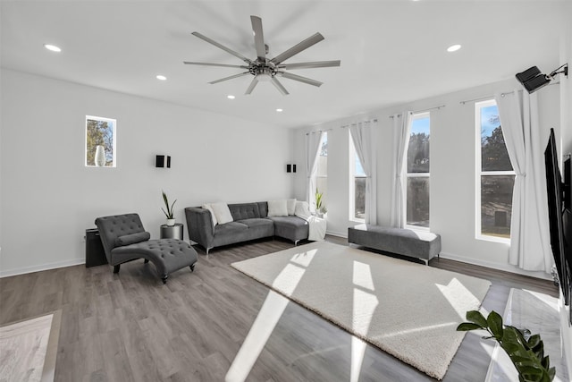 living room with light hardwood / wood-style floors and ceiling fan