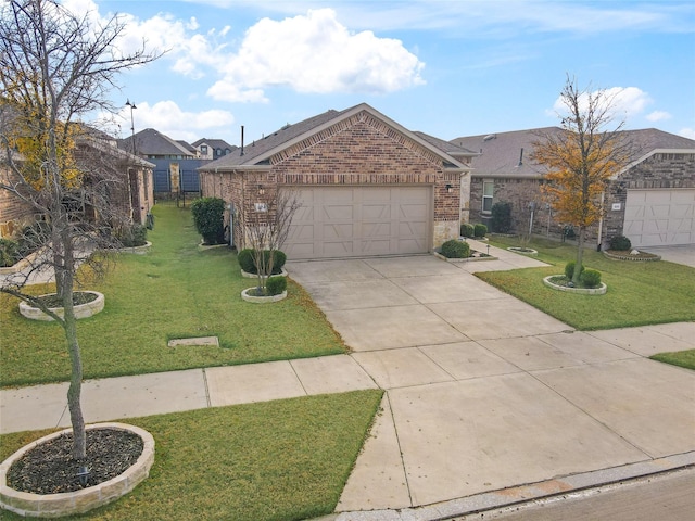 ranch-style house with a garage and a front lawn