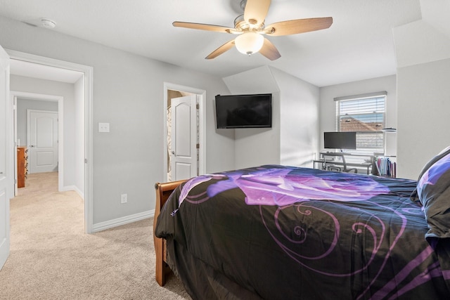 bedroom with ceiling fan and light colored carpet