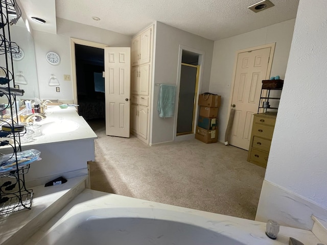 bathroom with vanity, a textured ceiling, and independent shower and bath