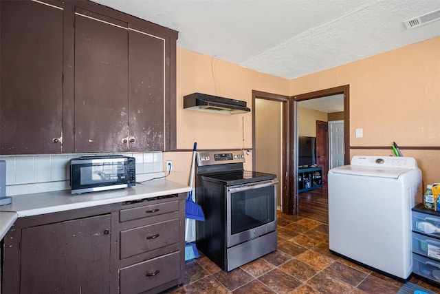 kitchen with washer / clothes dryer, stainless steel electric range oven, dark brown cabinetry, and extractor fan