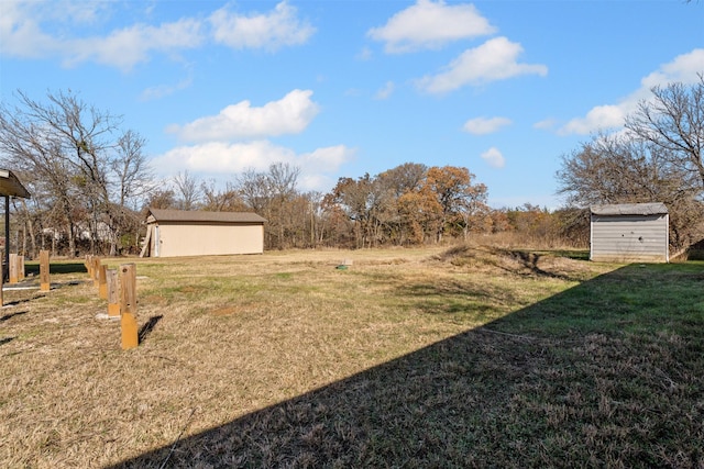 view of yard featuring a storage unit