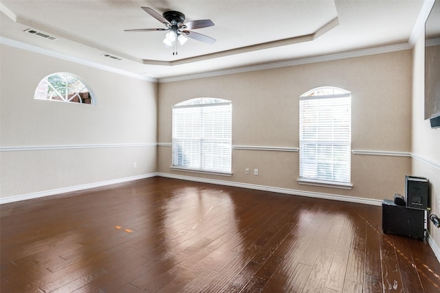 empty room with a raised ceiling, dark hardwood / wood-style floors, and a wealth of natural light