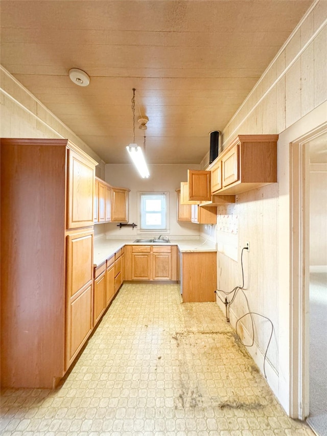 kitchen with hanging light fixtures, sink, and light brown cabinets