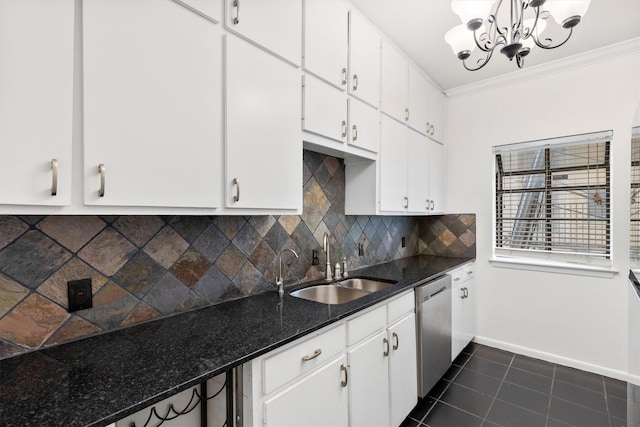 kitchen featuring stainless steel dishwasher, decorative backsplash, white cabinetry, and crown molding