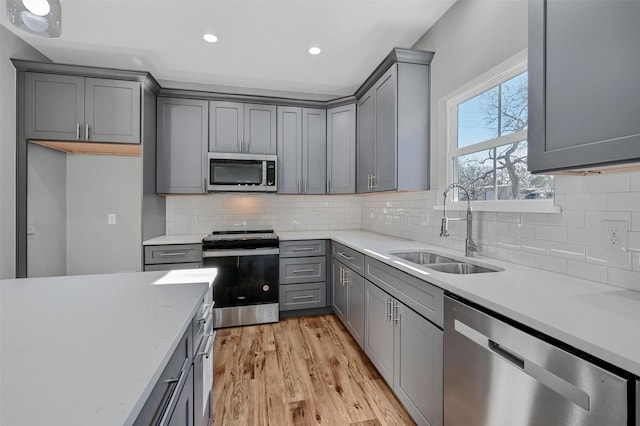 kitchen featuring stainless steel appliances, sink, and gray cabinets