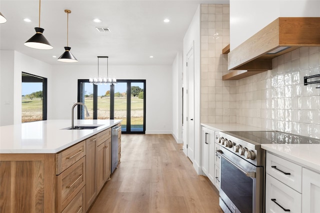 kitchen with tasteful backsplash, visible vents, custom range hood, appliances with stainless steel finishes, and a sink