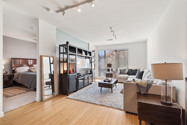 living room featuring light hardwood / wood-style flooring and track lighting