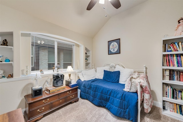 bedroom featuring ceiling fan, lofted ceiling, and carpet floors