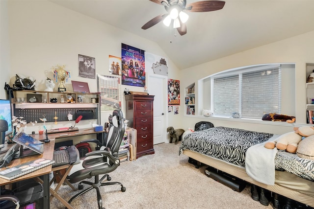 bedroom featuring lofted ceiling, carpet, and ceiling fan