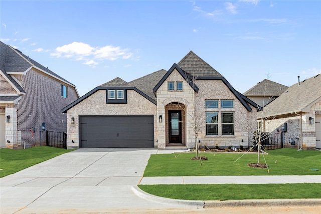 french provincial home with a garage and a front lawn