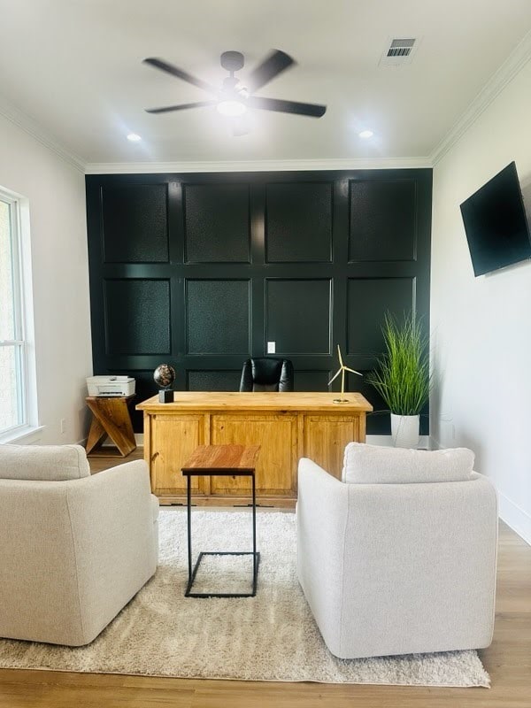 192 Top Flight Dr, Weatherford, TX 76087 - office area featuring visible vents, ornamental molding, a decorative wall, wood finished floors, and ceiling fan