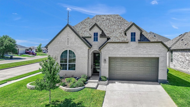 french country inspired facade with a garage and a front yard