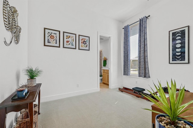 living area featuring light carpet